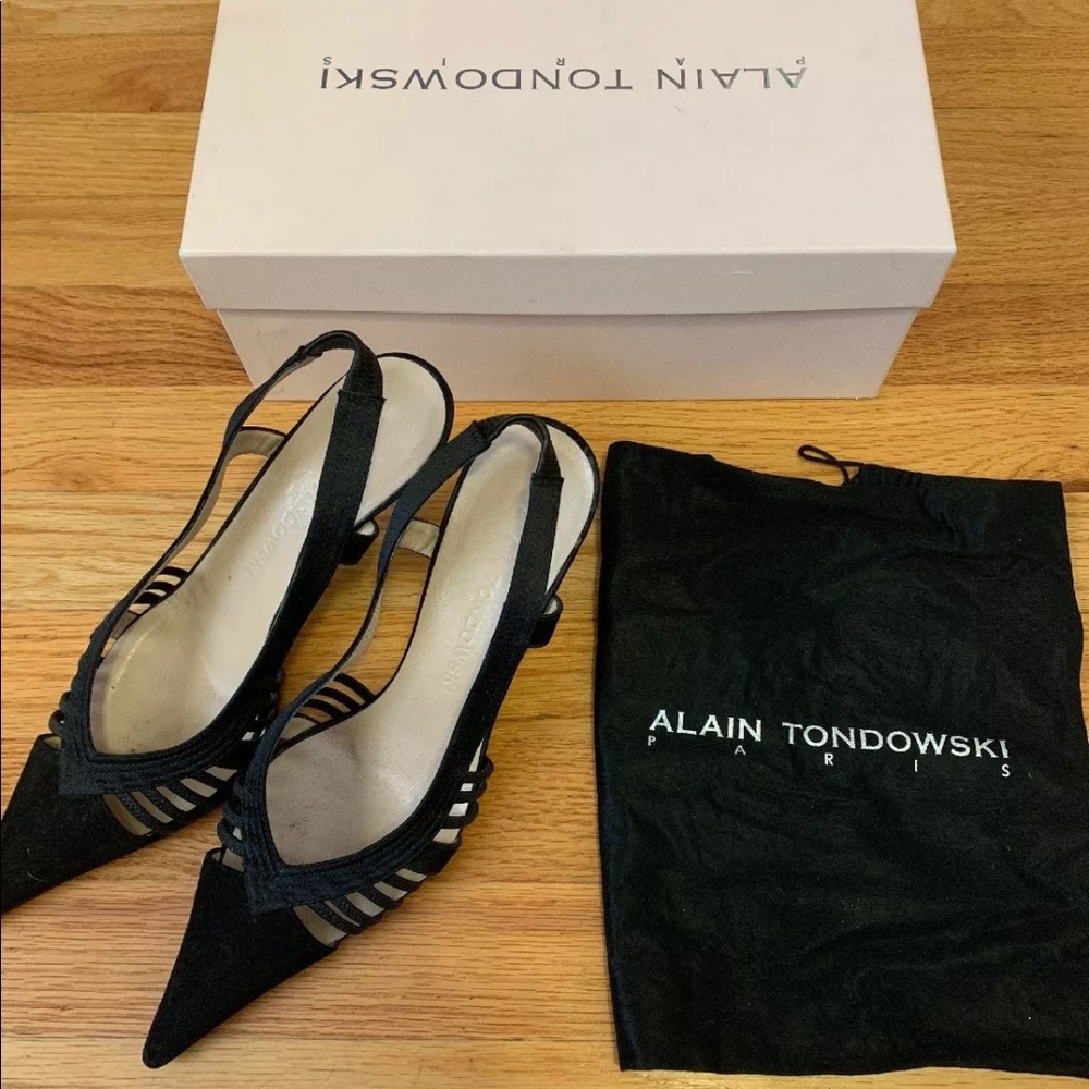 ALAIN TONDOWSKI [vintage kitten heel black suede satin heels]